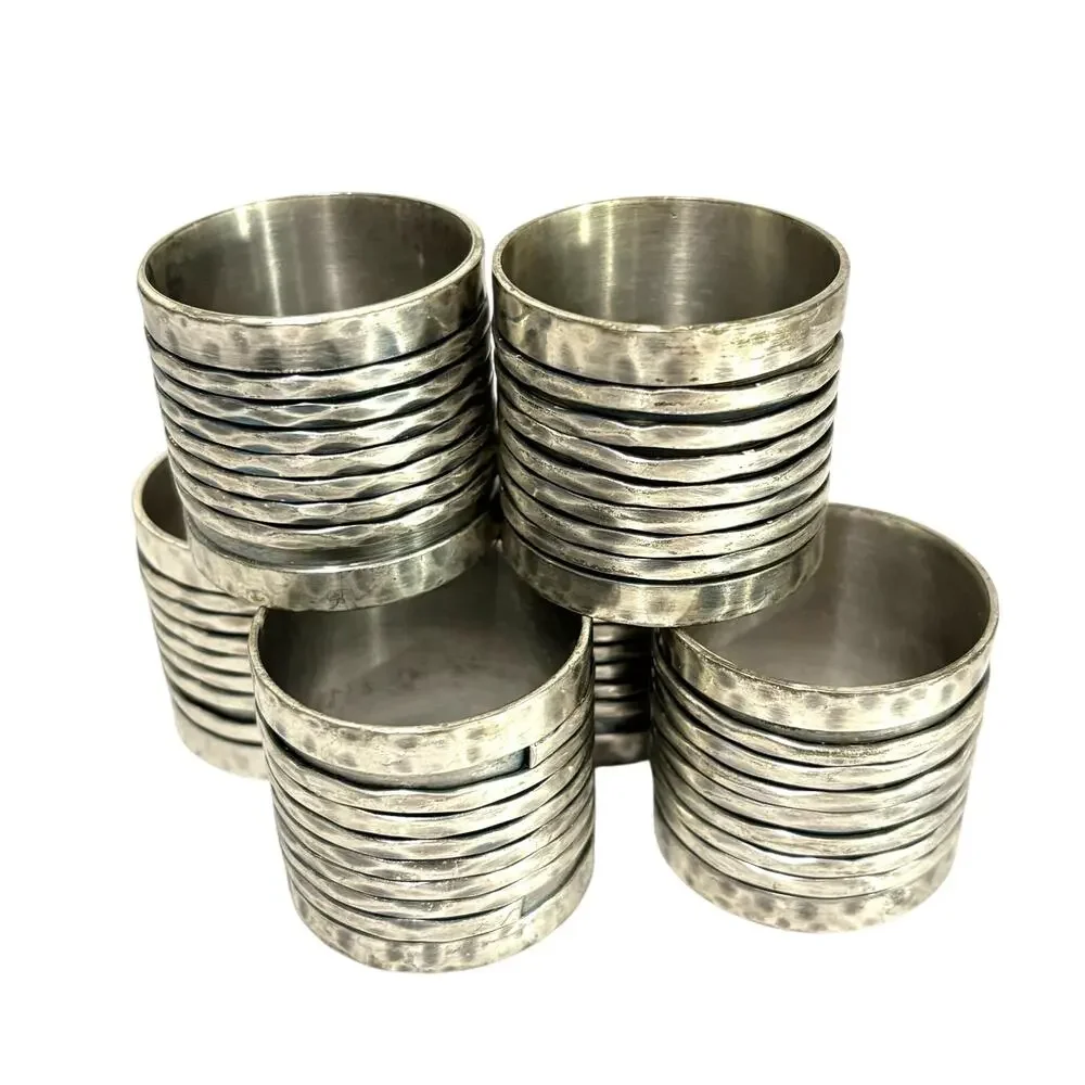 Pewter Silver napkin rings (6) wrapped Brutalist Artisan detailed metal holders